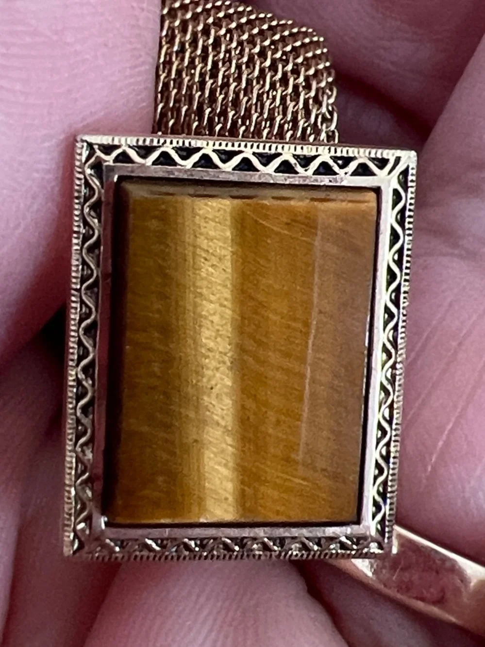 Gold-Tone Rectangular Tiger Eye Cuff Links with Woven Backing
